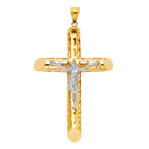 XXL Open Rod Crucifix Pendant in 14K Two-Tone Gold Slide 0