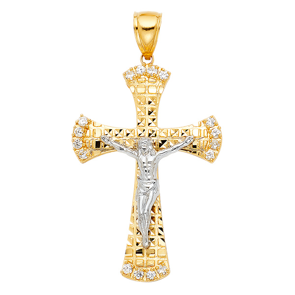 Tapered Diamond-Cut Crucifix Pendant with CZ Accents in 14K Two-Tone Gold - Large Slide 0