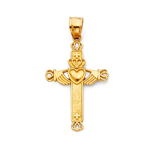 Small Claddagh Cross Pendant in 14K Yellow Gold Slide 1