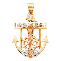 Heart Mariner's Cross Anchored Crucifix Pendant in 14K Yellow & Rose Gold - Medium