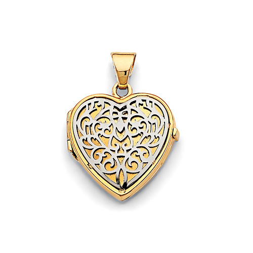 White Gold Filigree Heart Locket Pendant in 14K Two-Tone Gold - Small Slide 0
