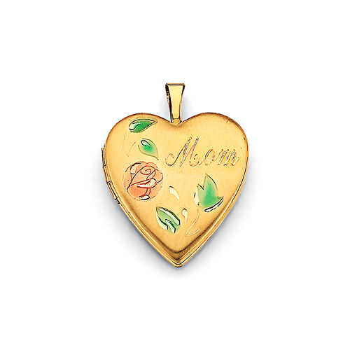 Mom Red Rose Heart Locket Pendant in 14K Yellow Gold - Petite Slide 0