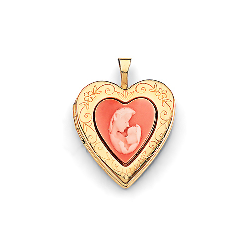 Mom Baby Red Heart Locket Pendant in 14K Yellow Gold - Petite Slide 0
