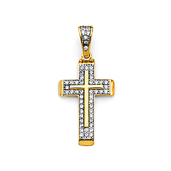 CZ Pave Double Cross Pendant in 14K Yellow Gold Solid