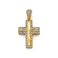 Diamond-Cut CZ Double Cross in 14K Yellow Gold Solid - Small