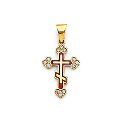 Red Orthodox Budded Cross Pendant in 14K Yellow Gold Solid