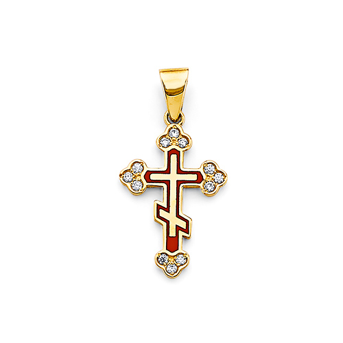 Red Orthodox Budded Cross Pendant in 14K Yellow Gold Solid Slide 0