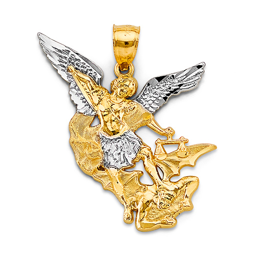 Open Wing Archangel St. Michael Pendant in 14K Two-Tone Gold Solid - Medium Slide 0