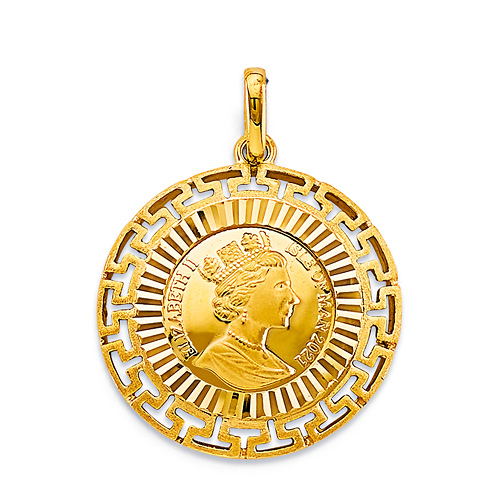 Queen Elizabeth II Greek Key Round Pendant in 14K Yellow Gold - Small Slide 0
