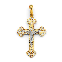 Fanciful Diamond-Cut Open Scroll Crucifix Pendant in 14K Two-Tone Gold Solid - Medium