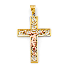 Open Scroll Latin Crucifix Pendant in 14K Two-Tone Gold Solid - Medium
