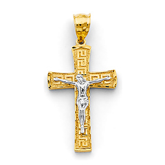 Greek Key Byzantine Crucifix Pendant in 14K Two-Tone Gold Solid