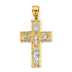 Large Latin Cross With Catholic Saints Pendant in 14K Two-Tone Gold Solid