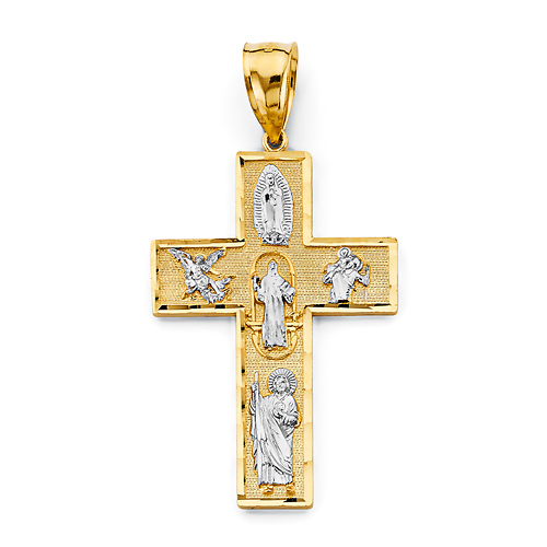Large Latin Cross With Catholic Saints Pendant in 14K Two-Tone Gold Solid Slide 0
