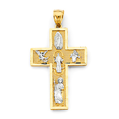 Medium Latin Cross With Catholic Saints Pendant in 14K Two-Tone Gold Solid