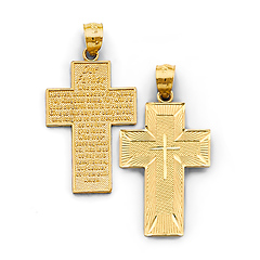 Double Sided Lord's Prayer Diamond-Cut Cross Pendant in 14K Yellow Gold Solid