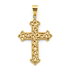 Artisanal Scroll Budded Cross Pendant in 14K Yellow Gold Solid