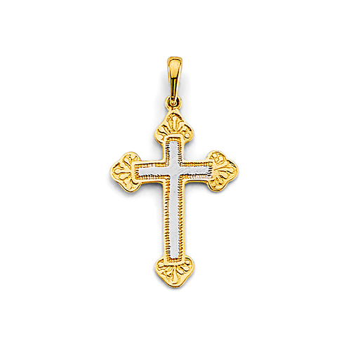Elegant White Center Budded Cross Pendant in 14K Two-Tone Gold Solid Slide 0