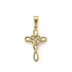 Whimsical Swirling Heart Cross Pendant in 14K Yellow Gold Solid