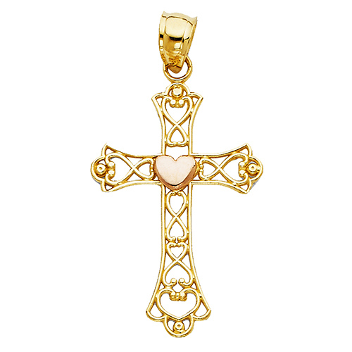 14K Two-Tone Gold Heart Fleury Cross Pendant - Medium Slide 0