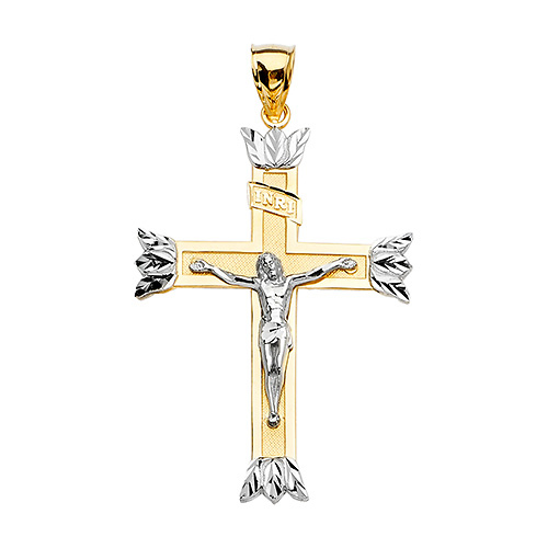 Leaf-Tipped Concave Crucifix Pendant in 14K Two-Tone Gold XXL Slide 1