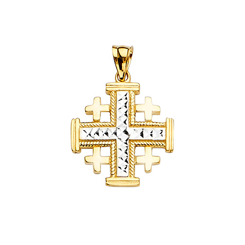 14K Two-Tone Gold Jerusalem Cross Religious Pendant Slide 1