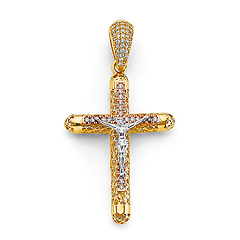 CZ Open Tube Scroll Crucifix Pendant in 14K Tricolor Gold Solid