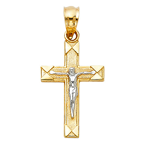 Petite Squared Textured Crucifix Pendant in 14K Two-Tone Gold Slide 1