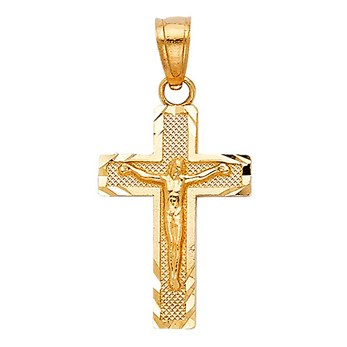 Petite Diamond-Cut Edge Crucifix Pendant in 14K Yellow Gold Slide 1