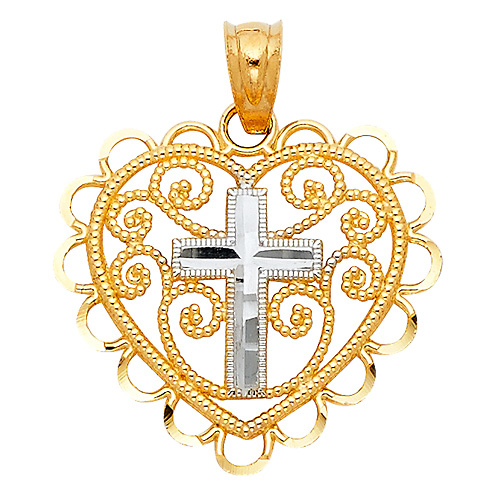 Filigree Heart Mini Cross Pendant in 14K Two Tone Gold Slide 0