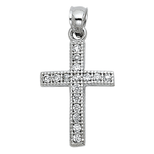 Petite Slender Milgrain Pave CZ Cross Pendant in 14K White Gold Slide 0