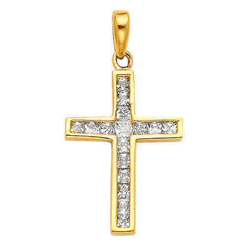 Petite Princess & Round-Cut Channel-Set Cross Pendant in 14K Yellow Gold Slide 0