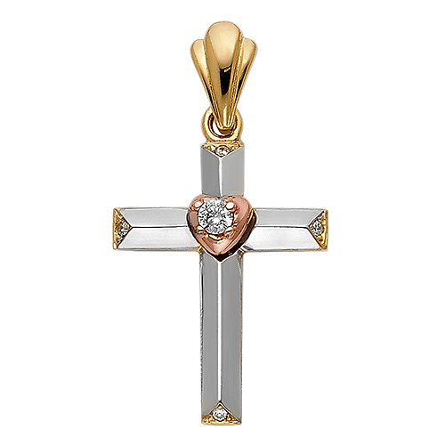 Small CZ Heart Cross Pendant in 14K Tricolor Gold Slide 1