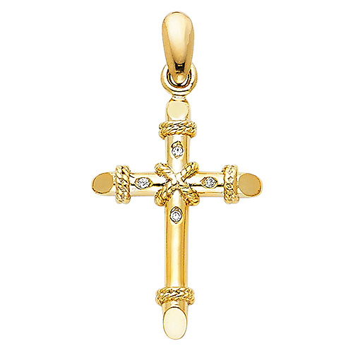 Small CZ Rope Cross Pendant in 14K Yellow Gold Slide 1