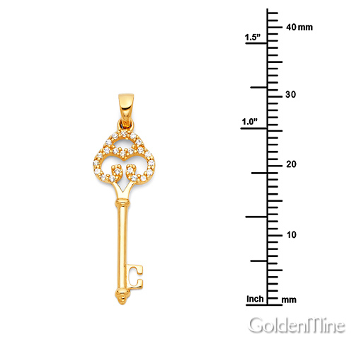 Antique-Style Filigree Cubic Zirconia Key Pendant in 14K Yellow Gold - Small Slide 1