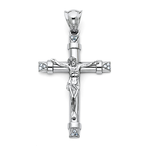 Large Trinity CZ Crucifix Pendant in 14K White Gold Slide 0
