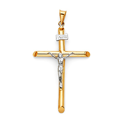 Large Rod Crucifix Pendant in 14K Two-Tone Gold - Classic 49mm
