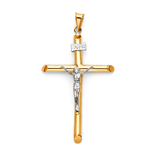 Large Rod Crucifix Pendant in 14K Two-Tone Gold - Classic 49mm Slide 0