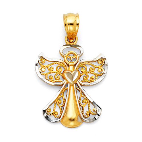 Petite Diamond-Cut Filigree Angel Pendant in 14K Two-Tone Gold Slide 0