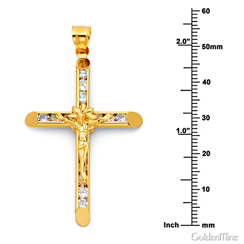 Large Floral Channel-Set CZ Crucifix Pendant in 14K Yellow Gold Slide 2