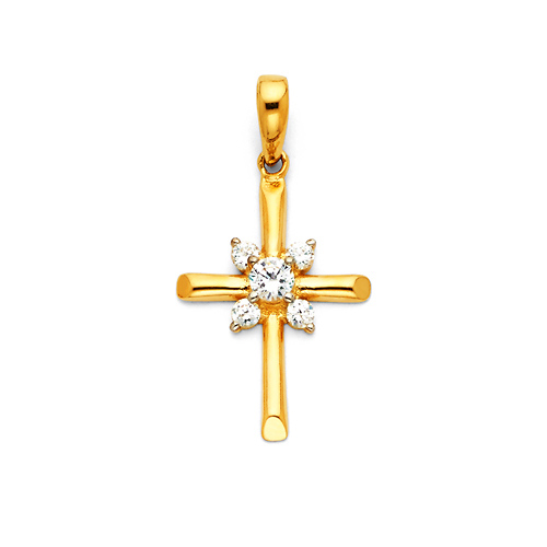 Small Starburst CZ Rod Cross Pendant in 14K Yellow Gold Slide 0