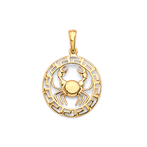 Greek Key Circle Zodiac Pendant in 14K Yellow Gold - Cancer Slide 0