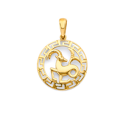 Greek Key Circle Zodiac Pendant in 14K Yellow Gold - Capricorn Slide 0