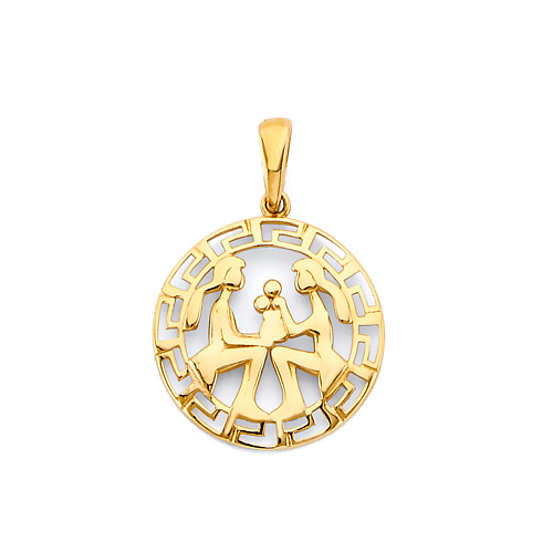 Greek Key Circle Zodiac Pendant in 14K Yellow Gold - Gemini Slide 0