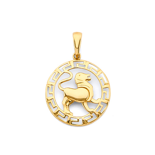 Greek Key Circle Zodiac Pendant in 14K Yellow Gold - Leo Slide 0