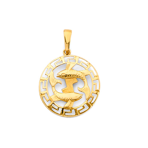 Greek Key Circle Zodiac Pendant in 14K Yellow Gold - Pisces Slide 0