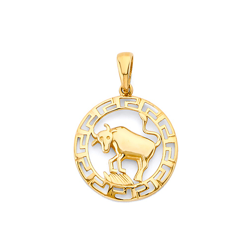Greek Key Circle Zodiac Pendant in 14K Yellow Gold - Taurus Slide 0
