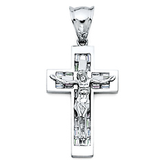 Large Flat Baguette CZ Crucifix Pendant - Sterling Silver (Rhodium)