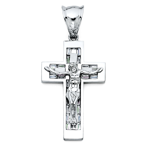 Large Flat Baguette CZ Crucifix Pendant - Sterling Silver (Rhodium) Slide 0