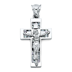 Medium Flat Baguette CZ Crucifix Pendant - Sterling Silver (Rhodium)